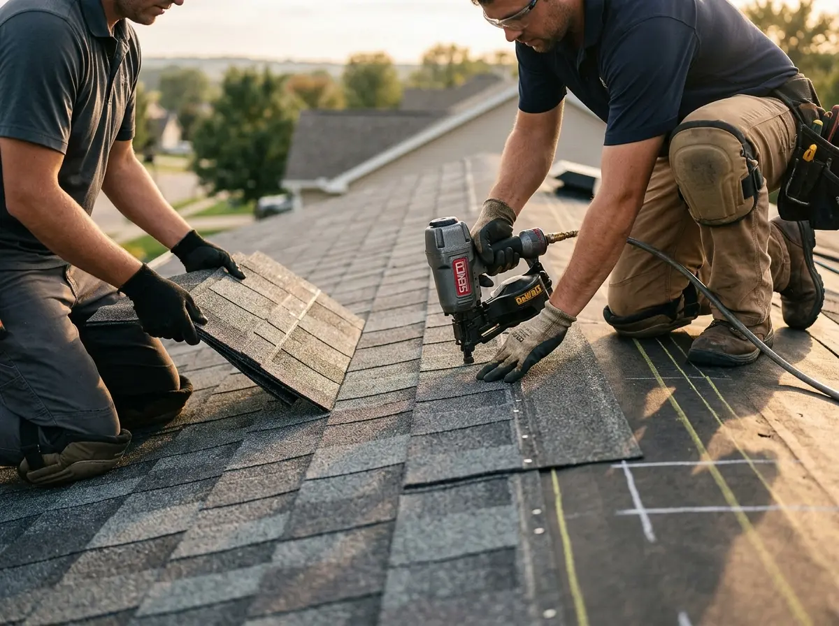 Professional roofer working on a residential roof in Dearborn